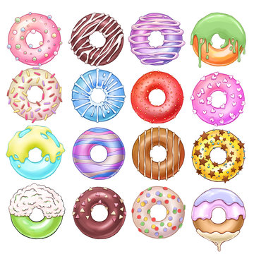Colorful donuts icons set. Sweet bakery illustration.