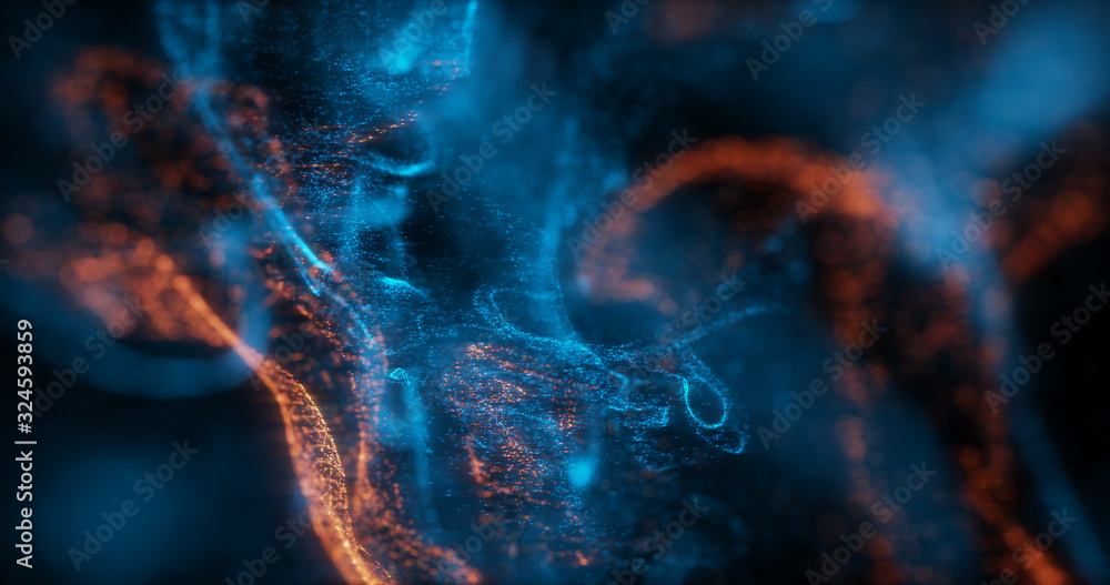 Poster abstract macro shot of blue and orange particle fluid isolated on black. paint drops mixing in water