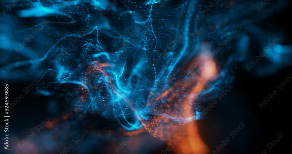 Poster abstract macro shot of blue and orange particle fluid isolated on black. paint drops mixing in water