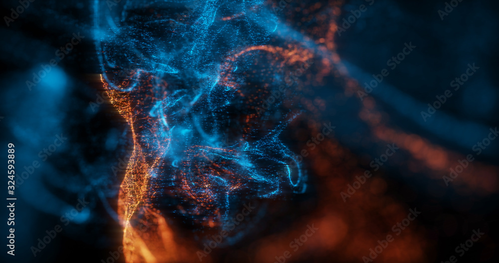 Aufkleber abstract macro shot of blue and orange particle fluid isolated on black. paint drops mixing in water