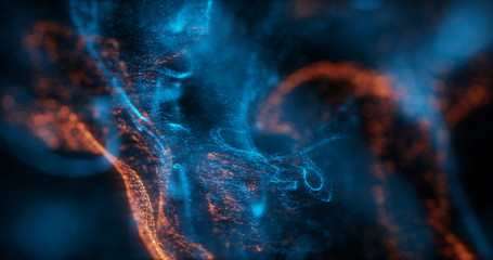 Abstract Macro shot of Blue and Orange Particle Fluid isolated on black. paint drops mixing in water. Ink swirling underwater. Colored cloud abstract smoke explosion animation. 3D render	
