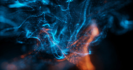 Abstract Macro shot of Blue and Orange Particle Fluid isolated on black. paint drops mixing in water. Ink swirling underwater. Colored cloud abstract smoke explosion animation. 3D render	