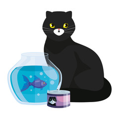 cute cat black with round glass fish bowl vector illustration design