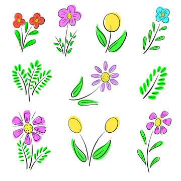 Collection of Simple Flower and Leaves Logos Cartoon Illustrations