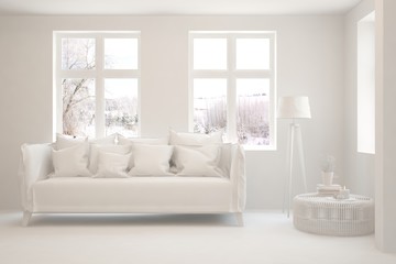Mock up of stylish room in white color with sofa and winter landscape in window. Scandinavian interior design. 3D illustration