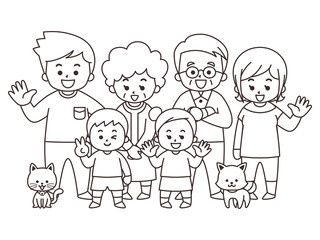 集合する家族とペット　ぬりえ