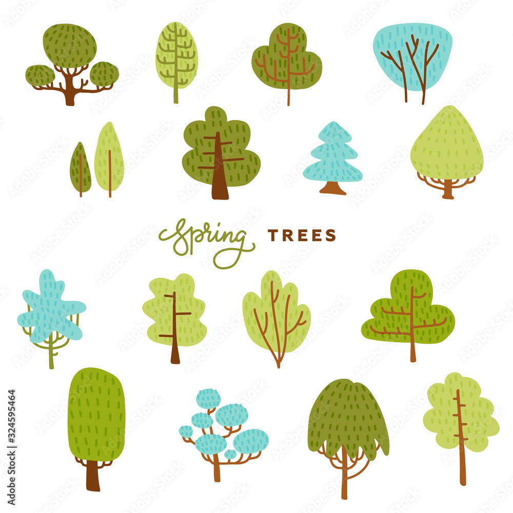 Poster set hand draw of differend trees in scandinavian style. collection of colorful forest illustration i