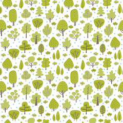 Seamless green pattern with different trees. Hand drawn nature background for your design.Textile, blog decoration, banner, poster, wrapping paper. Flat vector hand drawn scandinavian illustration