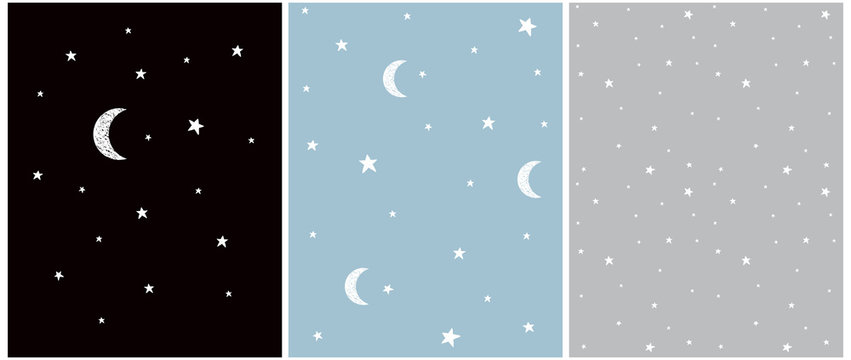 White Stars and Moon. Seamless Vector Patterns. Irregular Hand Drawn Simple Starry Sky Print.Infantile Style Galaxy Design. Little Stars Isolated on a Gray, Blue and Black Background. 