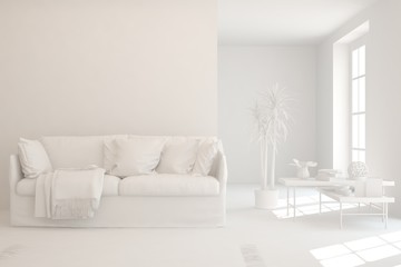 Mock up of stylish room in white color with sofa. Scandinavian interior design. 3D illustration