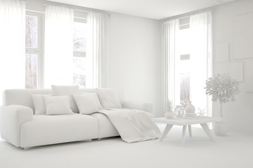 Mock up of stylish room in white color with sofa. Scandinavian interior design. 3D illustration