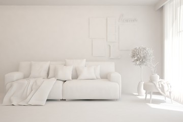 Mock up of stylish room in white color with sofa. Scandinavian interior design. 3D illustration