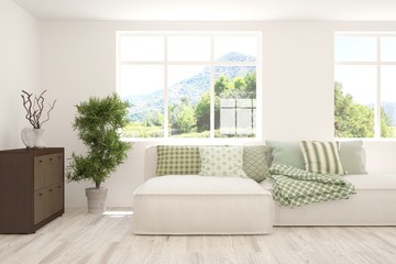 Minimalist living room in white color with sofa and summer landscape in window. Scandinavian interior design. 3D illustration