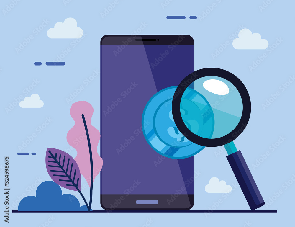 Canvas Prints smartphone device with coin and magnifying glass vector illustration design