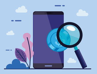 smartphone device with coin and magnifying glass vector illustration design - Powered by Adobe