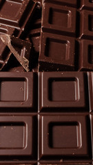 Dark chocolate pieces isolated on white background. Top view.