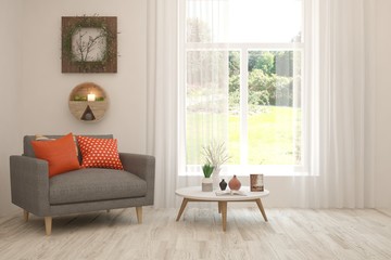 Mock up of stylish room in white color with armchair and green landscape in window. Scandinavian interior design. 3D illustration