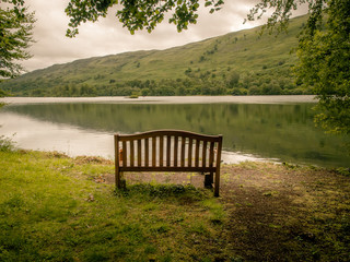 Obraz premium Lonely wood bench in a park in front of lake 