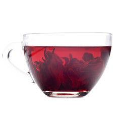 Hibiscus Tea cup with petals inside isolated on white background