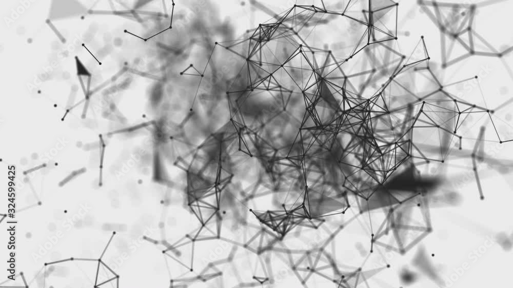 Poster black particles fly slowly on a white background connect and disconnect. abstract animation. 3d rend