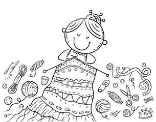 Granny knitting, crafting or handmade concept, coloring page, cartoon illustration