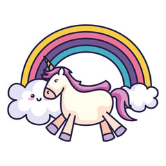 cute unicorn with rainbow kawaii style vector illustration design