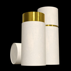 Kraft paper cardboard tube package with gold part mock up. 3d render on black background.