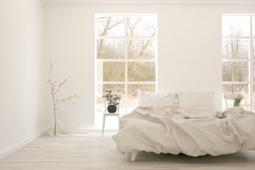 Stylish bedroom in white color with winter landscape in window. Scandinavian interior design. 3D illustration