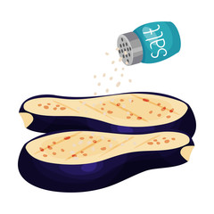 Sprinkling Salt on Halved Eggplant Isolated on White Background Vector Illustration