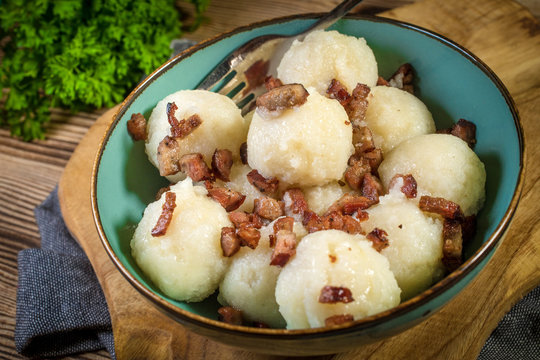 Meat stuffed potato dumplings.