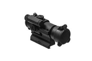 modern black optical scope for weapon isolated on whited. sight scope isolated on white back.