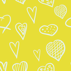 seamless pattern with different white hearts on yellow background. Heart shapes. Love concept. Love pattern. St. Valentine's print. packaging, wallpaper, textile, fabric design