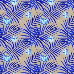 Blue palm leaves with crystals, hearts. Vector seamless pattern.