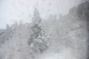 A heavy snowstorm while on a moving cable car looking at the window