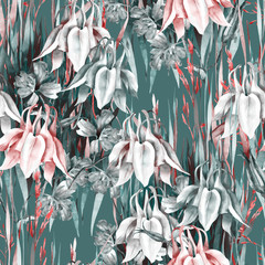 Aquilegia Flowers Seamless Pattern. Watercolor Background.
