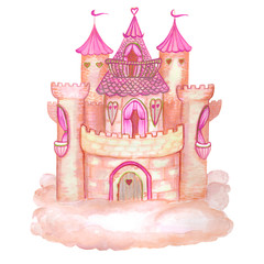Peach colored princess magic castle. Hand drawn watercolor pink and violet fairytale castle on the cloud. Isolated on white. Kids illustration. © Chris