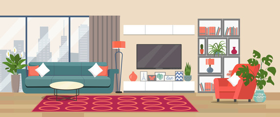 Living room interior. Comfortable sofa, TV,  window, chair and house plants. Vector flat illustration
