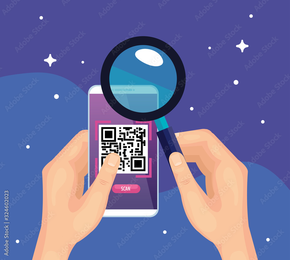 Poster hands using smartphone with scan code qr and magnifying glass vector illustration design