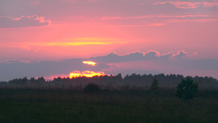 Fototapeta na wymiar Sunset and fog, captured in Belarus