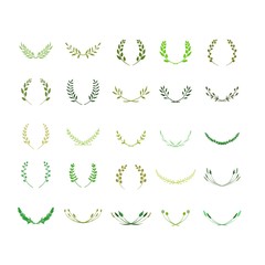 Laurel wreath bundle. Made of hand drawn greenery, wild flowers and field herbs. Green silhouettes isolated on white. Botanical drawing. Vector illustration. Graphic