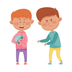 Little Boy with Aggressive Face Expression Going to Take Away Toy Car from His Agemate Vector Illustration