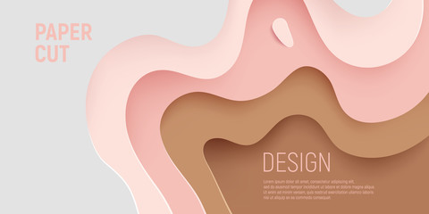 Paper cut banner with 3D slime abstract background and pink, brown, grey waves layers. Abstract layout design for brochure and flyer. Paper art vector illustration
