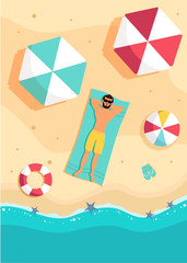 Tourist Man Lying On Beach Top Angle View Hello Summer Vacation Tropical Seaside Ocean Flat Vector Illustration.