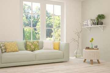 Minimalist living room in white color with sofa and summer landscape in window. Scandinavian interior design. 3D illustration