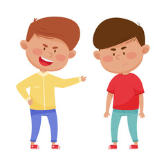 Little Boy Teasing and Laughing at His Agemate Vector Illustration