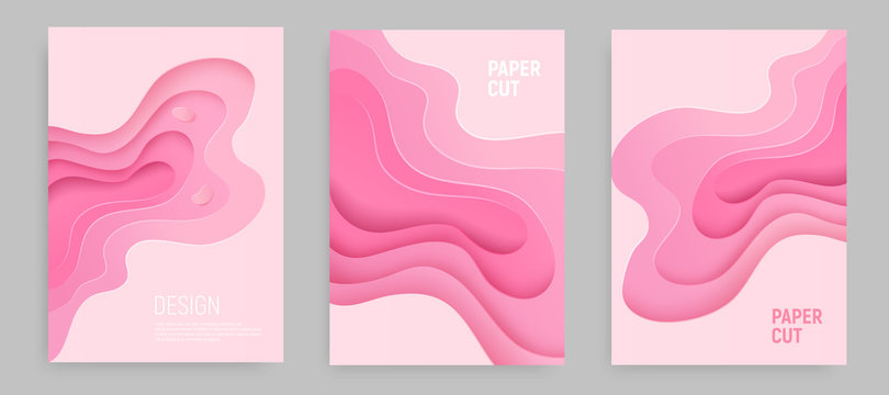 Pink paper cut banner set with 3D slime abstract background and pink waves layers. Abstract layout design for brochure and flyer. Paper art vector illustration