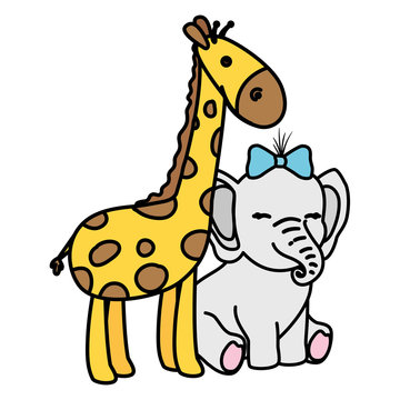cute giraffe with elephant isolated icon vector illustration design