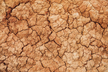 Nature background of cracked dry lands. Natural texture of soil with cracks. Broken clay surface of barren dryland wasteland close-up. Full frame to terrain with arid climate. Lifeless desert on earth