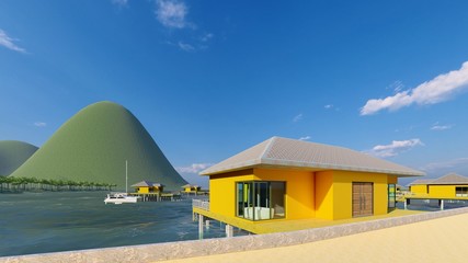 Bungalow resort on island, French Polynesia 3d rendering