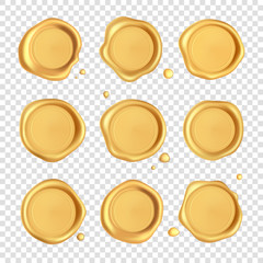 Wax seal collection. Gold stamp wax seal set with drops isolated on transparent background. Realistic guaranteed golden stamps. Realistic 3d vector - obrazy, fototapety, plakaty